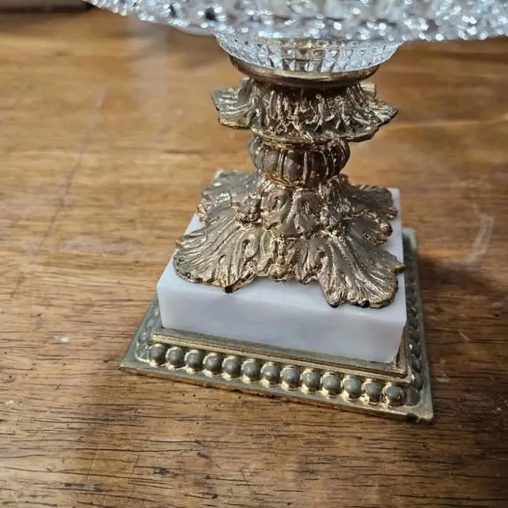 Vintage Crystal Compote Bowl with Marble and Brass Pedestal Base